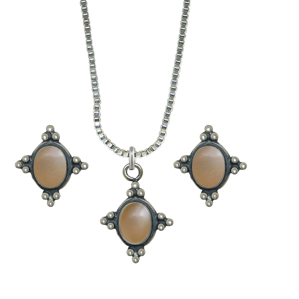 Sterling Silver Petite Necklace Earrings Set Peach Moonstone